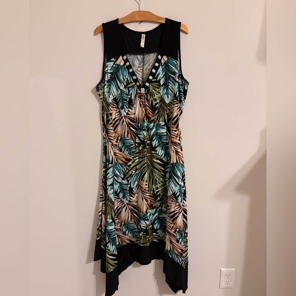 Per Seption Women Tropical Palm Pattern MIDI Dress